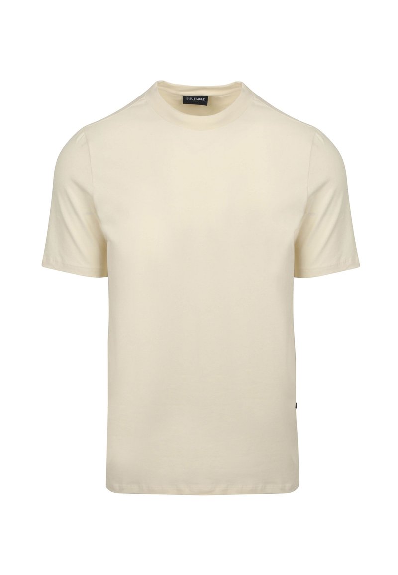 Crèmekleurig t-shirt met korte mouwen van zachte katoen met een ronde halslijn en minimale branding bij de zoom.