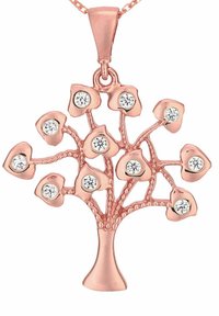 Roséguld træhalskæde med strukturerede grene og hjerteformede blade, prydet med klare ædelsten. Hængende fra en fin kæde.