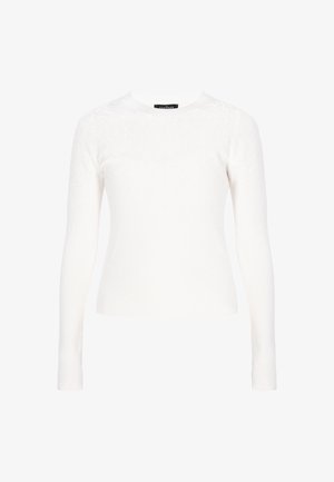 Fehér, hosszú ujjú pulóver bordázott textúrával, a vállakon flitteres díszítéssel és klasszikus kerek nyakkivágással.