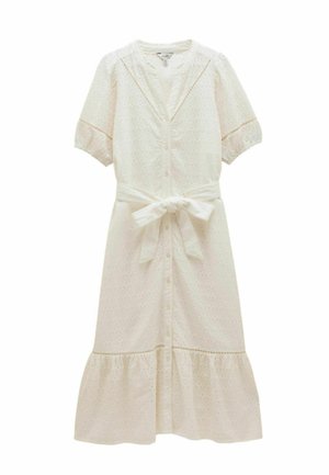 Weißes Midikleid mit kurzen Puffärmeln, durchgehender Knopfleiste, Lochstickstoffstoff, Taillenschleife und gerafftem Saum.