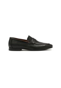Mustad nahast loafers, millel on tekstuuriga viimistlus, dekoratiivne rihm ja madal, lame tald. Sujuv, terav nina disain.
