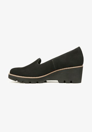 Black, suede wedge shoe with a smooth finish, rounded toe, and textured sole. Features a low-cut vamp and a light-colored accent around the sole.