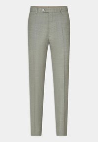 Hellgraue maßgeschneiderte Hosen aus gewebtem Stoff mit flachem Frontdesign, zwei Seitentaschen und einem Ein-Knopf-Verschluss.