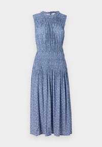 Blue floral dress with sleeveless design, smocked waist, pleated bodice, and flowing skirt. Made from lightweight fabric, features a ruffled neckline.