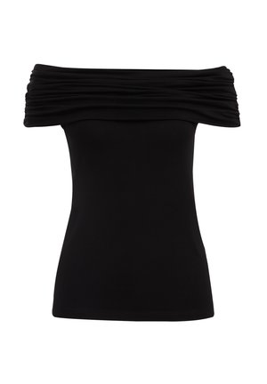 Mustat olkapäältä avatut yläosat, jossa on rypistetty kangas kaula-aukon ympärillä, valmistettu pehmeästä joustavasta materiaalista, jossa on tiivis malli ja sileä rakenne.