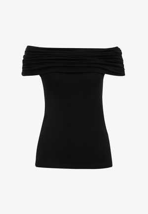 Mustat olkapäältä avatut yläosat, jossa on rypistetty kangas kaula-aukon ympärillä, valmistettu pehmeästä joustavasta materiaalista, jossa on tiivis malli ja sileä rakenne.