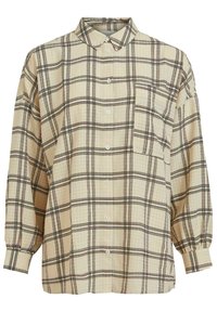 Beige long-sleeve button-up shirt with black plaid pattern, pointed collar, single chest pocket, and cuffed sleeves.