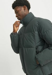 Dunkelgraue Steppjacke mit hohem Kragen, ausgestattet mit einem gesteppten Muster, Reißverschluss und gerippten Bündchen. Glattes, isoliertes Material.