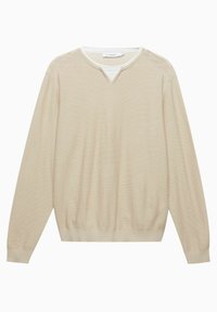 Pull léger beige avec manches longues, décolleté en V et détails en tricot texturé sur les épaules. Poignets et ourlet côtelés. Fabriqué dans un matériau doux.