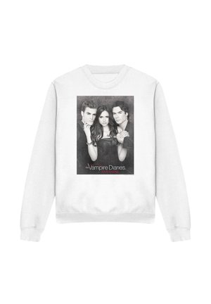 White sweatshirt featuring a black-and-white portrait of three serious young adults with "The Vampire Diaries" title and "love sucks" text below.