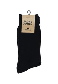 Schwarze Baumwollsocken im 5er-Pack, mit einer glatten Textur und geripptem Bund. Angebracht ist ein Etikett mit Marken- und Produktinformationen.