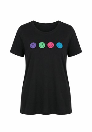 Camiseta negra de manga corta con cuatro caras sonrientes texturizadas en púrpura, verde, rosa y azul a lo largo del pecho.