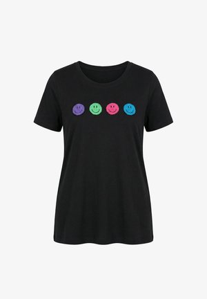 Black short-sleeve t-shirt with four textured smiley faces in purple, green, pink, and blue across the chest.