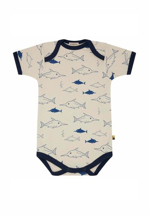 Body a maniche corte in morbido cotone beige, con pattern di pesci stampati blu scuro e rifiniture in blu navy attorno al collo e alle maniche.