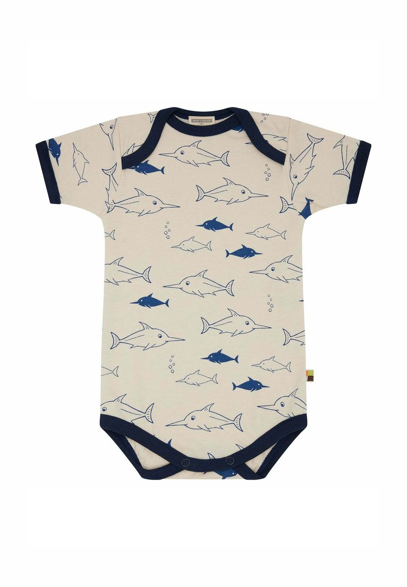 Kurzärmliger Body aus weichem beigen Baumwollstoff, mit dunkelblauen gedruckten Fischmustern und navyfarbenem Kontrastbesatz am Kragen und den Ärmeln.