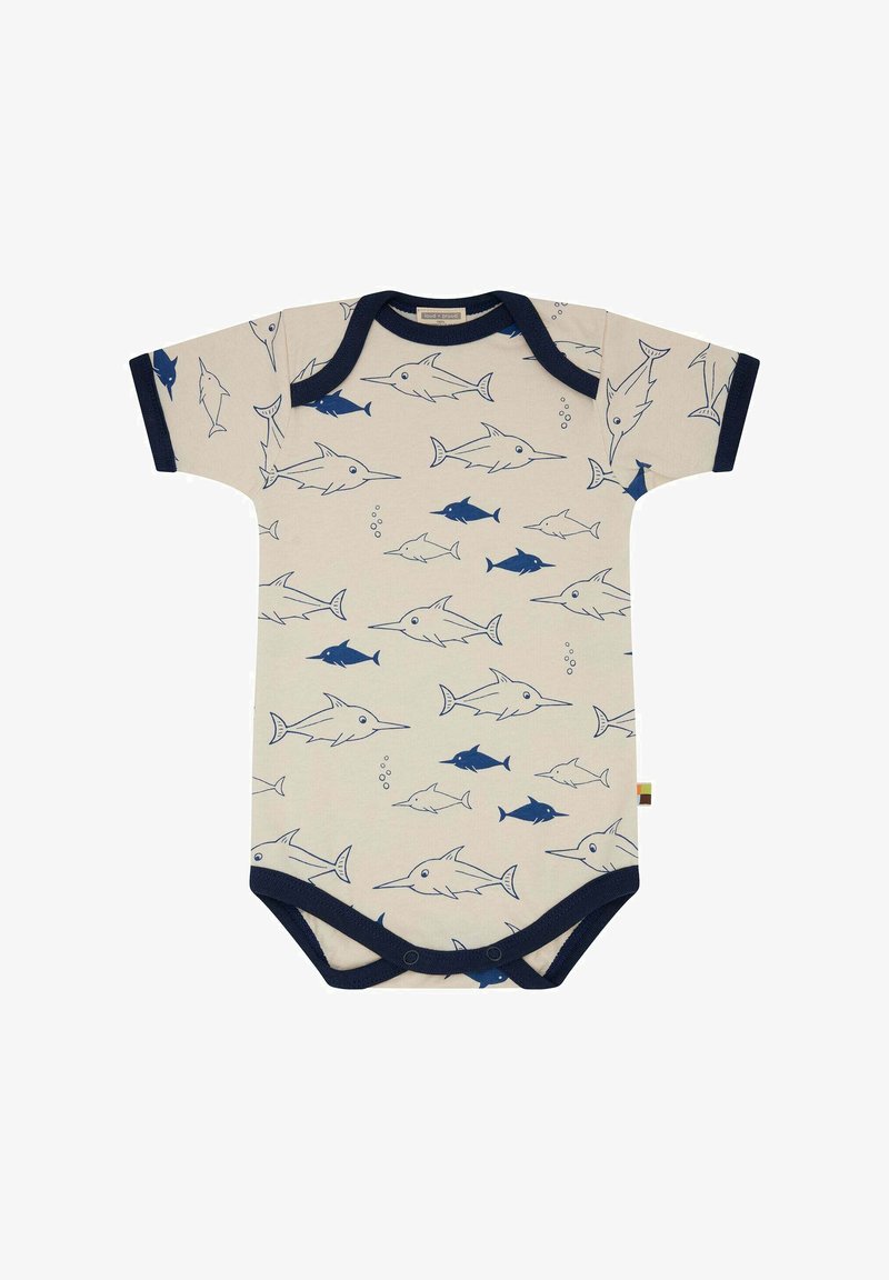 Kurzärmliger Body aus weichem beigen Baumwollstoff, mit dunkelblauen gedruckten Fischmustern und navyfarbenem Kontrastbesatz am Kragen und den Ärmeln.