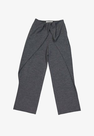Pantalones grises de pierna ancha con un detalle superpuesto en la parte delantera y un lazo en la cintura sobre un fondo blanco.