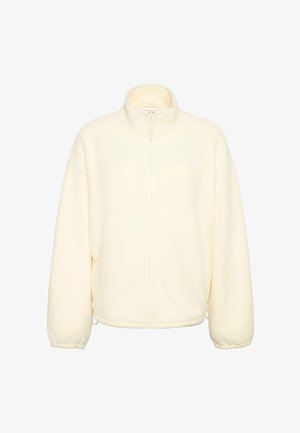 Giacca in pile bianca con zip, collo alto, vestibilità comoda, polsini elastici e un logo discreto sul petto. Tessuto morbido e design leggero.