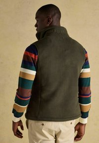 Kamizelka polarowa w oliwkowym zielonym kolorze z wysokim kołnierzem, zestawiona z koszulą z długim rękawem w wielokolorowe paski. Gładka faktura, minimalistyczny design.