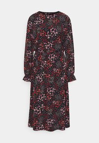 Schwarzes Midikleid mit langen Ärmeln, elastischem Taillenzug und kleinem Blumenmuster in Rot, Rosa und Weiß.