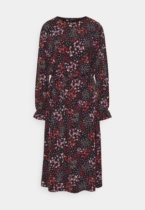 Schwarzes Midikleid mit langen Ärmeln, elastischem Taillenzug und kleinem Blumenmuster in Rot, Rosa und Weiß.