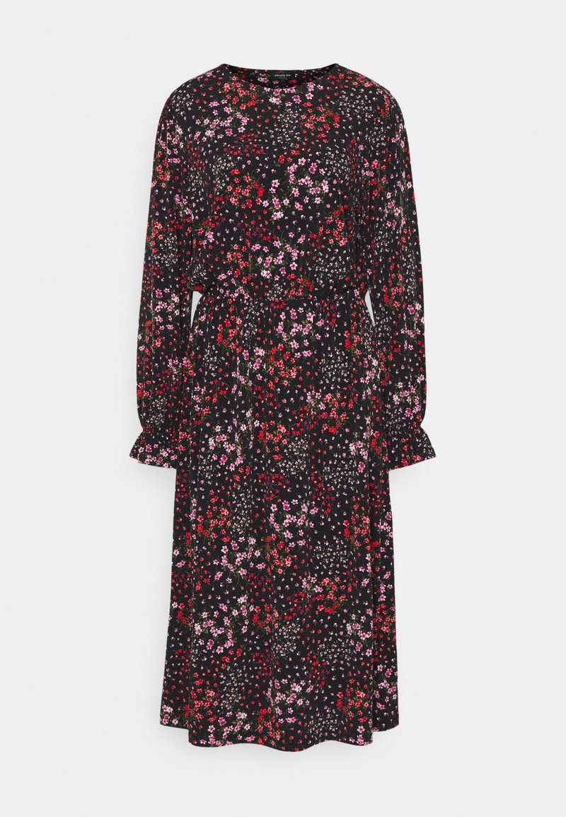 Schwarzes Midikleid mit langen Ärmeln, elastischem Taillenzug und kleinem Blumenmuster in Rot, Rosa und Weiß.