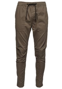 Mörk olivgröna joggerbyxor för herr i slim-fit med elastisk midja och svart dragsko, med två framfickor.