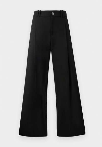 Black wide-leg trousers made from smooth fabric, featuring a high waist, pleats, and a logo at the back. Clean, tailored design with no patterns.