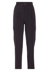 Black tailored cargo pants with a button and zip closure, side flap pockets, and a slim straight-leg fit.