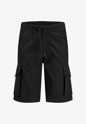 Crne cargo kratke hlače s elastičnim pojasom, vezicama i preklopnim džepovima sa svake strane, prikazane na bijeloj pozadini.