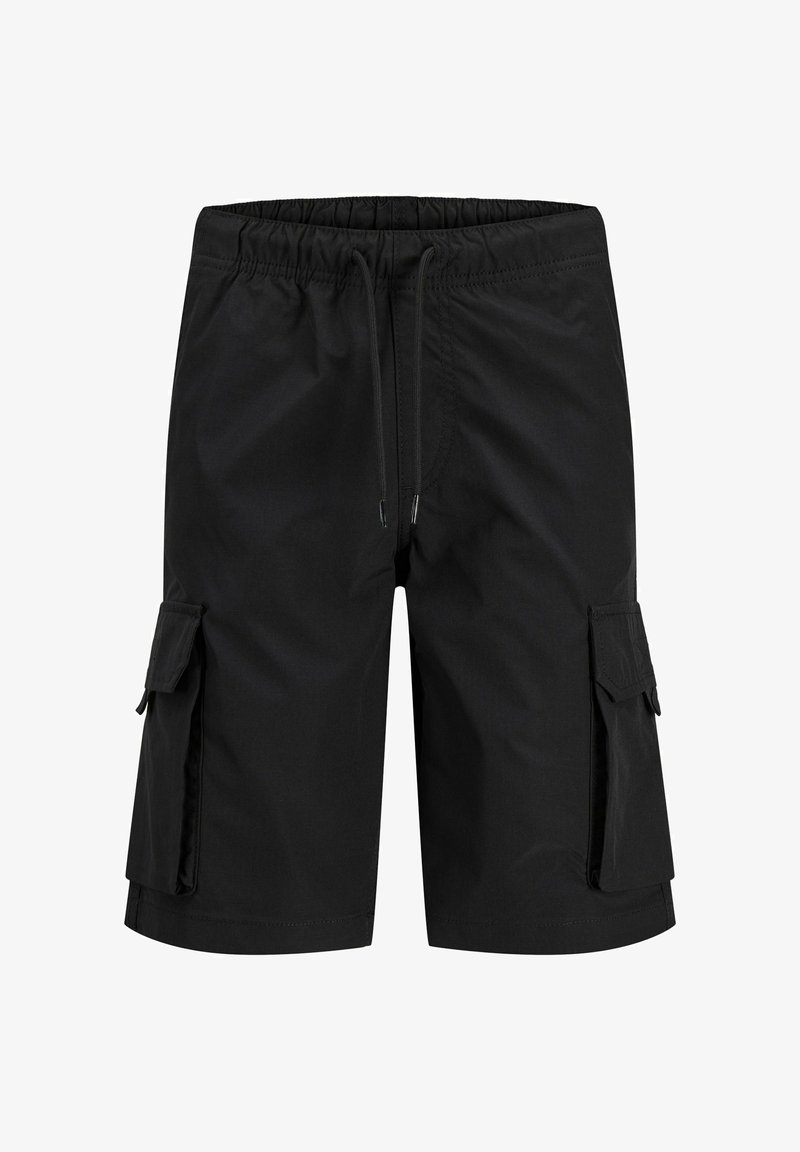 Shorts cargo noirs avec taille élastique, cordon de serrage et poches à rabat de chaque côté, présentés sur un fond blanc.
