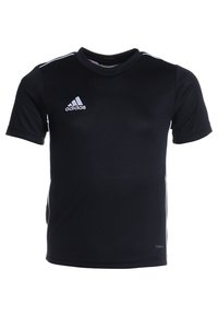 Zwarte sport shirt met korte mouwen en witte strepen op de schouders, met een Adidas-logo op de linkerborst, gemaakt van ademende stof.