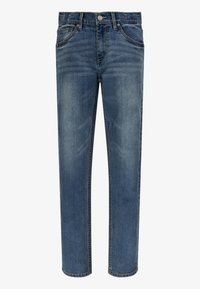 Jeans de mezclilla azul con corte recto, que cuentan con cinco bolsillos, un cierre de botón y un ligero desgaste en la tela para mayor textura.