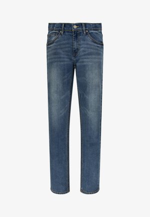 Niebieskie dżinsy o prostym kroju nogawek, z pięcioma kieszeniami, zapięciem na guzik oraz delikatnym wyblaknięciem tkaniny dla dodatkowej tekstury.