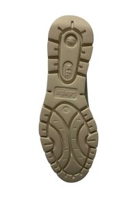 Suola di scarpa in gomma beige, con un motivo di battistrada multidirezionale, il marchio al centro e la marcatura della taglia '38' sul lato.