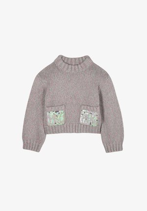 Flauschiger, kurz geschnittener Pullover in Grau mit pinken Sprenkeln, mit einem gerippten hohen Kragen, langen Ärmeln und zwei vorderen Taschen, die mit schimmernden Pailletten verziert sind.