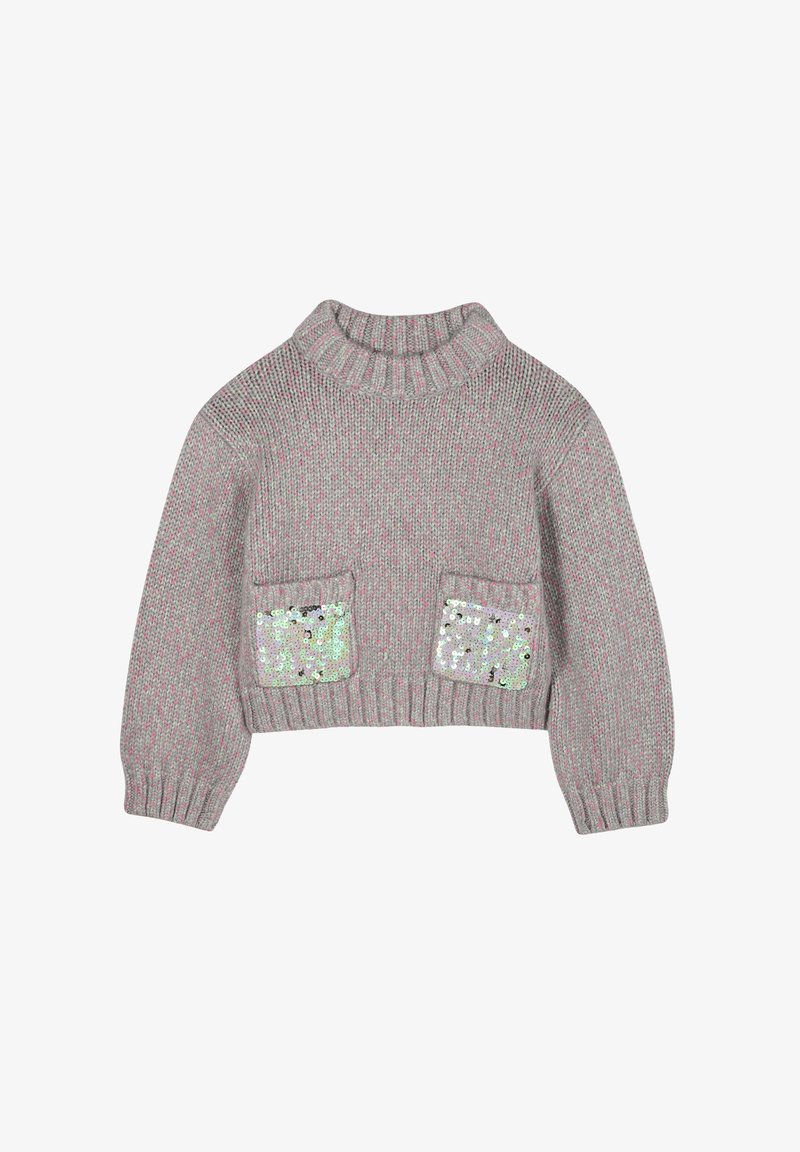 Maglione corto lavorato a maglia spesso di colore grigio con macchie rosa, dotato di un collo alto a coste, maniche lunghe e due tasche frontali decorate con paillettes iridescenti.