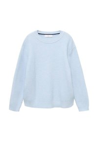 Svetlo modra pulover z teksturiranim pletenjem, okroglo ovratnikom in spuščeni rameni, z rebrastimi manšetami in robom.