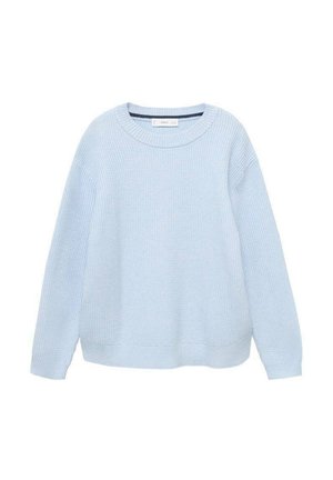 Light blue pullover sweater with a textured knit pattern, round neckline, and dropped shoulders, featuring ribbed cuffs and hem.