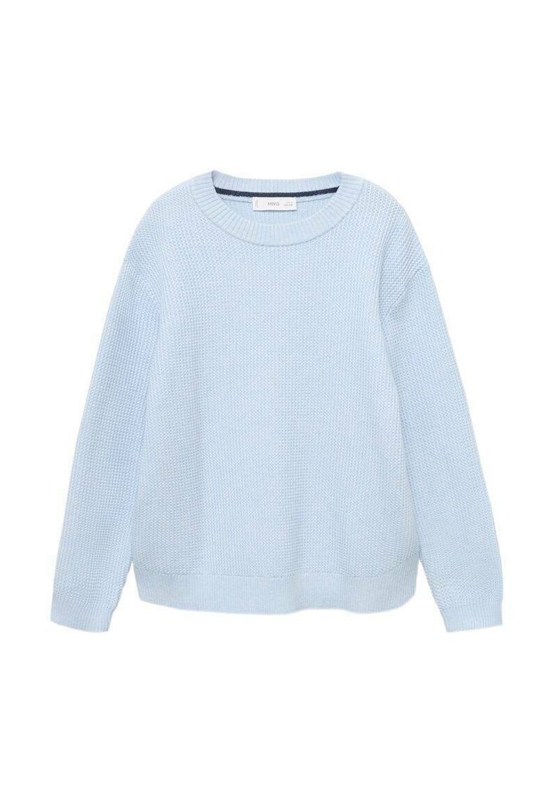Svetlo modra pulover z teksturiranim pletenjem, okroglo ovratnikom in spuščeni rameni, z rebrastimi manšetami in robom.