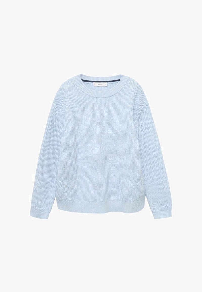 Svetlo modra pulover z teksturiranim pletenjem, okroglo ovratnikom in spuščeni rameni, z rebrastimi manšetami in robom.