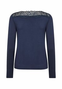 Marinblå långärmad topp med spetsdetaljer på axlarna och en mjuk textur. Enkel, figurnära design med rundad halsringning.