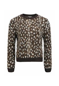 Knit sweater in brown with white and cream patterns, round neck, long sleeves, and ribbed hem. Textured surface adds depth.