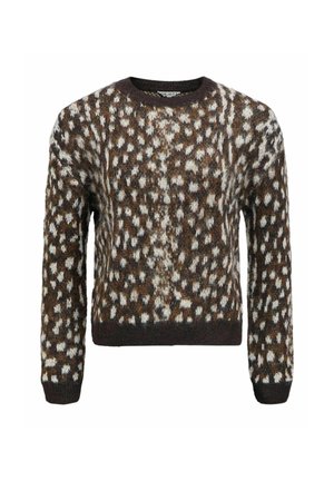 Brauner Strickpullover mit weißen und cremefarbenen Mustern, Rundhalsausschnitt, langen Ärmeln und geripptem Saum. Die strukturierte Oberfläche verleiht Tiefe.