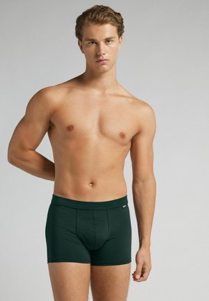 Dunkelgrüne Boxershorts aus weichem Stoff, ausgestattet mit einem breiten elastischen Bund und einer engen Passform. Glatte Textur mit minimalen Nähten.
