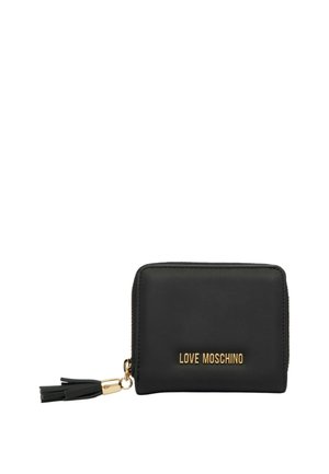 Portafoglio in pelle nera con zip perimetrale, logo dorato "LOVE MOSCHINO" e ciondolo a nappina coordinato su sfondo bianco.