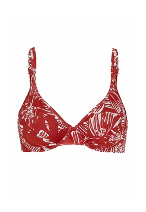 Rød bøjle-bh med hvidt tropisk blad- og blomsterprint, justerbare stropper og formstøbte skåle.