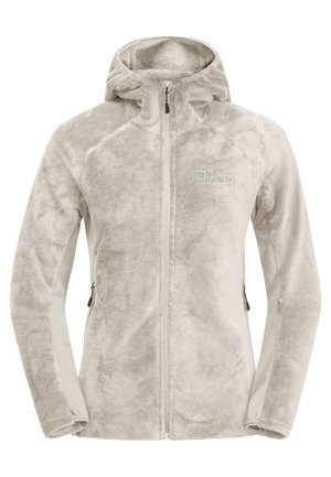 Veste polaire beige clair avec capuche, fermeture éclair intégrale devant, poches latérales zippées et logo Jack Wolfskin sur la poitrine.