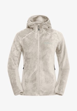 Veste polaire beige clair avec capuche, fermeture éclair intégrale devant, poches latérales zippées et logo Jack Wolfskin sur la poitrine.