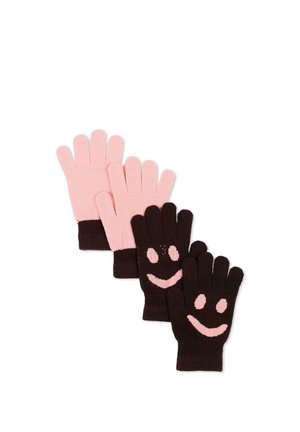 Dos pares de guantes tejidos, uno rosa con puños negros y otro negro con caras sonrientes rosas y puños a juego.